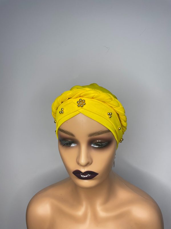 Lace Turban with Beads (Yellow)