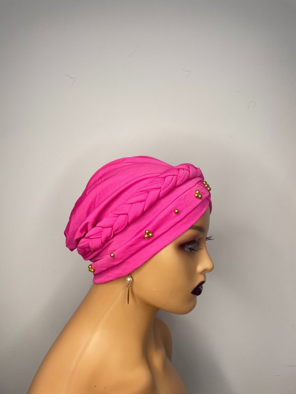 Lace Turban with beads ( Pink)